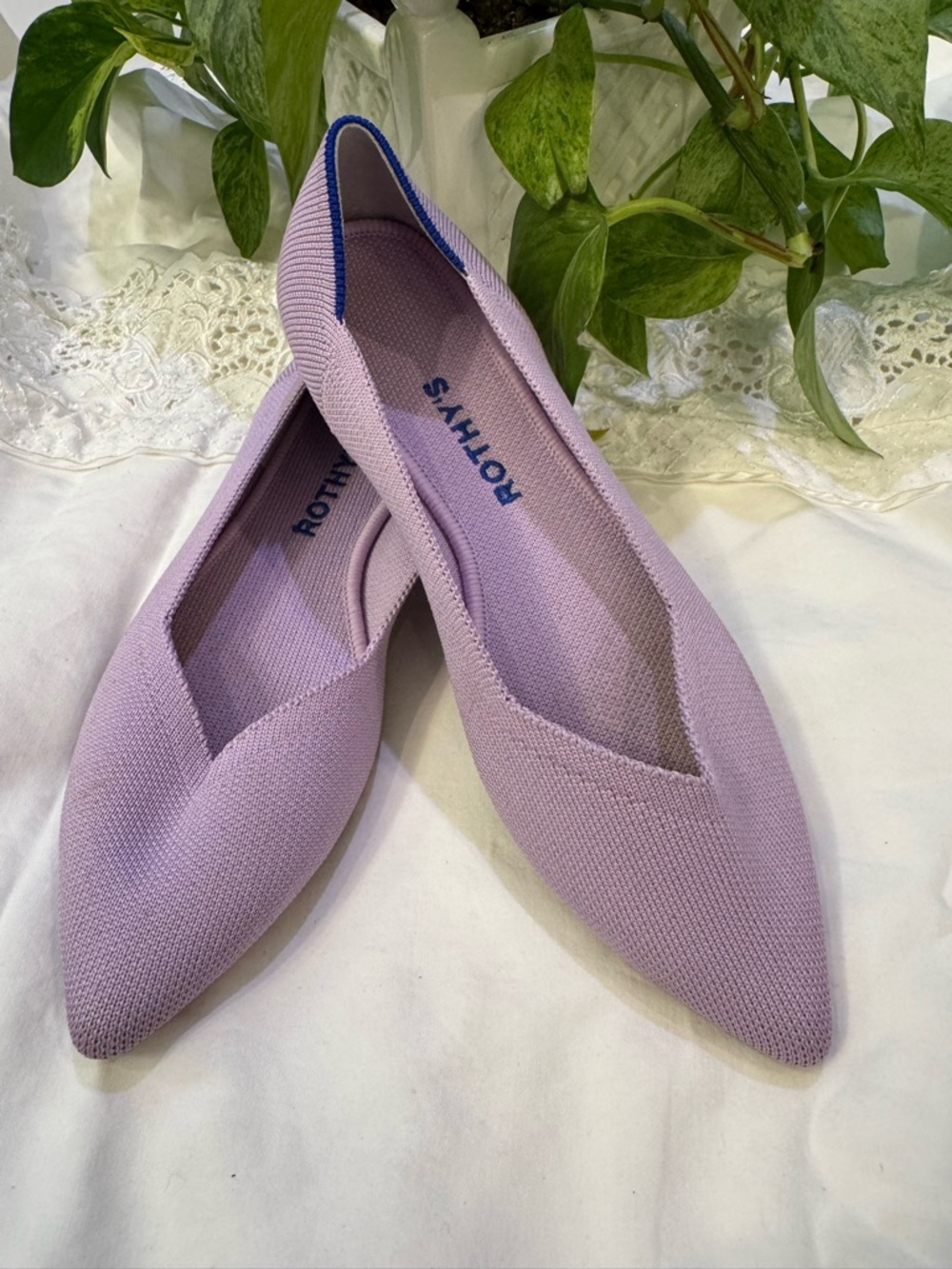 Rothy's Lilac Pointed Knit Flats with Blue Trim